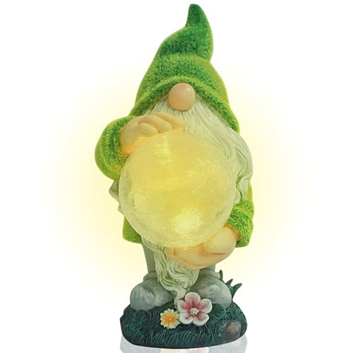 TIN DREAMS FACTORY | Gnomo Vedente con Luce Solare – Figura Decorativa da Giardino in Resina – Nano con Sfera Luminosa LED – Decorazione Originale per Giardino, Terrazza e Patio