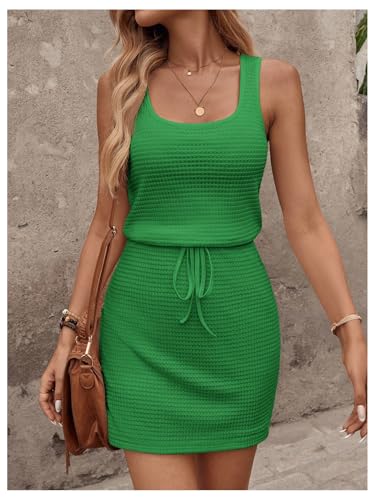 Image of RoseSeek Women's Waffle Knit Belted Tank A Line High Waisted Dresses Square Neck Sleeveless Summer Short Dress