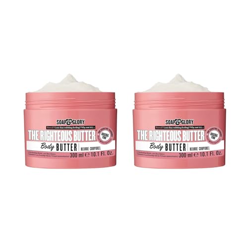 Soap & Glory The Righteous Moisturizing Body Butter - Hydrating Vegan Body Moisturizer for Dry Skin with Shea Butter, Vitamin E & Rosehip Seed Oil - Rich Cream for Women & Men (300ml, 2 pack)