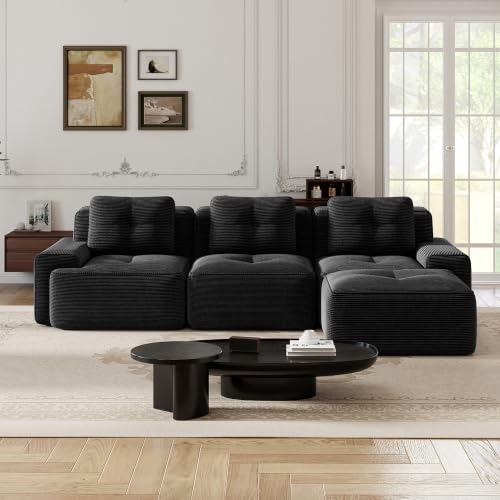 Image of 117 inch L-Shaped 3-Seater Modular Boneless Couch with Ottoman, Soft Corduroy Cloud sectional Sofa, Deep Seat Ergonomic Design, No Assembly Anti-Slip Sofa for Living Room, Black