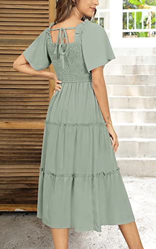 Zattcas Womens 2023 Spring Summer Boho Midi Smocked Dress Flutter Sleeve Square Neck Tiered Ruffle Flowy Nursing Maternity Dress Green M #TOP2