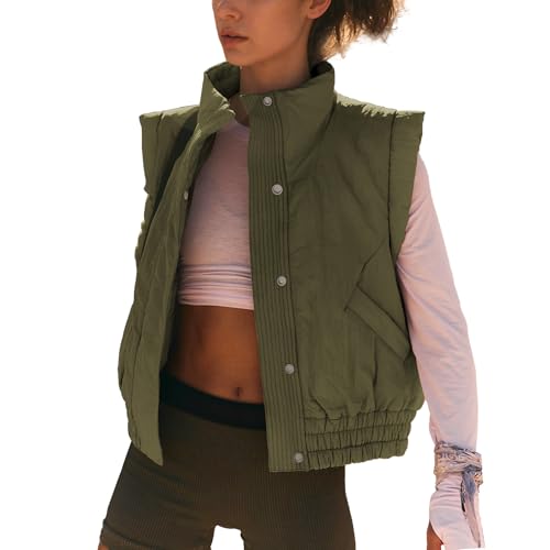 Ainangua Women Cropped Puffer Vest Button Sleeveless Light Jacket Scrunch Stand Collar Essentials Gilet with Pockets X-Small Army-green