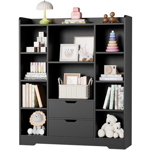 Cozy Castle Kids Bookshelf with Storage, 4-Tier Bookcase with 2 Drawers and 10 Cubes Storage Organizer for Bedroom, Playroom, Hallway, Living Room (Black)