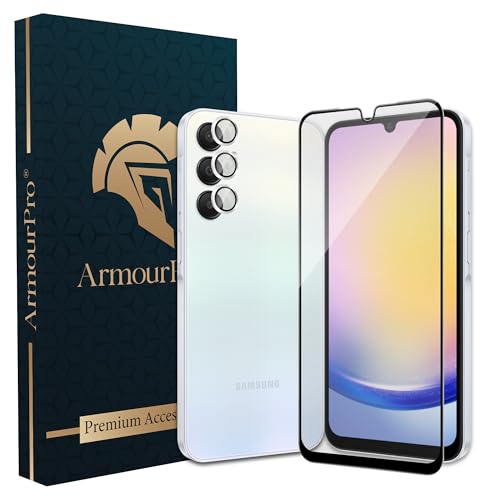 Image of ArmourPro Military-Grade Tempered Glass Compatible with Samsung Galaxy A25 5G (6.5 Inch) with Silver Camera Ring Protector & Installation Kit | Edge to Edge Coverage