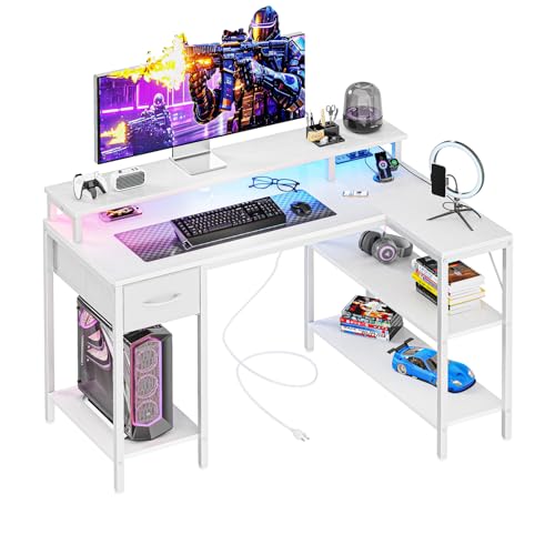 Image of DUMOS 47 inch Gaming Desk with USB Charging Ports & LED Lights for Home Office Small Space, Reversible L Shaped Desks Computer Corner Gamer Table with Power Outlets Monitor Stand Storage Shelves, White