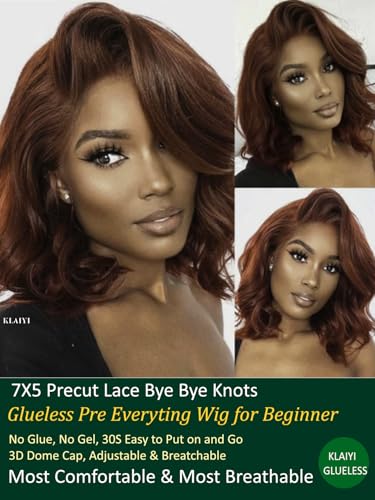 Image of KLAIYI Reddish Brown Yaki Straight Bob Wig Human Hair Glueless Bye Bye Knots Precut 7x5 Lace Front Wig Pre Bleached Pre Plucked with Baby Hair 3S Ready to Wear and Go Wig Beginner Friendly 150% 12Inch