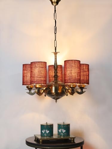 Image of Devansh 05 Lights Maroon Jute Round Shade with Antique Golden Chandelier