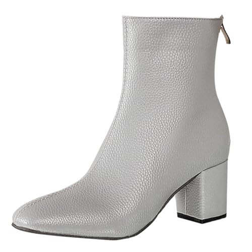 Botines para mujer, tacón medio, elegantes, de piel sintética, puntera cuadrada, con cremallera trasera, gris, 37 EU