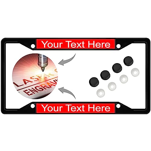 Image of Personalized with Custom Text Design - 4 Hole Black Metal Laser Engraved US Standard Size - Car License Plate Frame with Free caps - Red /White Text (Qty: 1 Frame)