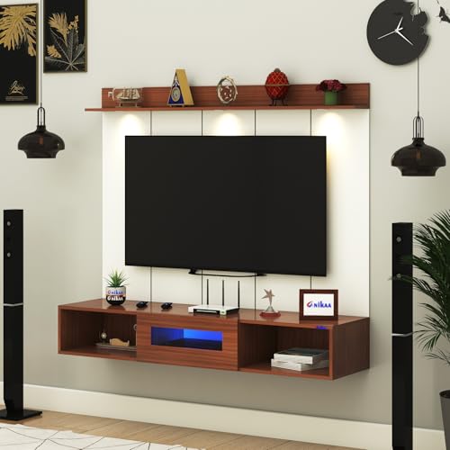 Image of Anikaa Novus PVC Back Panel Wall Mounted TV Unit with Spot & Blue Ambient LED Light - Acrylic Storage Box, Display Shelf & Soft-Close Hinges | Ideal for UP to 50 Inch TV (Walnut - DIY Installation)
