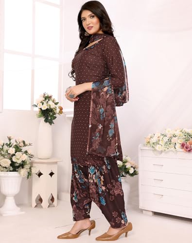 Image of Yashika Women's Printed Dress Material - Unstitched Crepe Fabric Kurti, Pants & Dupatta Set (AZ-YS-P4-COFFEE FLOWER)