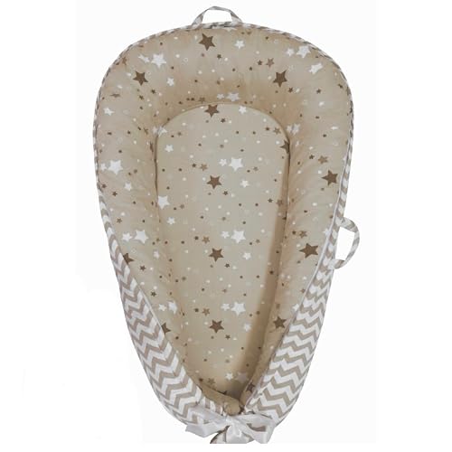 Image of Aila+Aiden Baby Lounger | Organic Cotton Infant Lounger | Reversible, Adjustable & Portable Floor Lounger | Supervised Use | Soft, Breathable, Washable Cover- Star Collection (Tan)