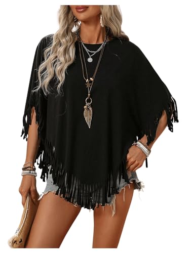 SweatyRocks Women's Half Short Sleeve Fringe Trim Top Round Neck Asymmetrical Hem Loose Tee Shirts Blouse4