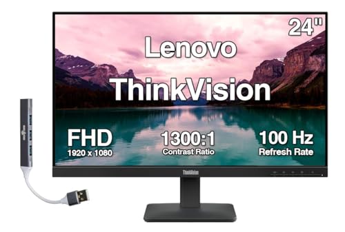 Lenovo ThinkVision 24" FHD IPS Monitor w/ 4ms Response Time, 100 Hz Refresh Rate, Flicker Free, Anti-Glare, VESA Mount (100mm), HDMI & DKZ USB Port Expander, Black