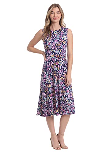 London Times Women's Sleeveless Inset Waist Midi Fit and Flare Dress