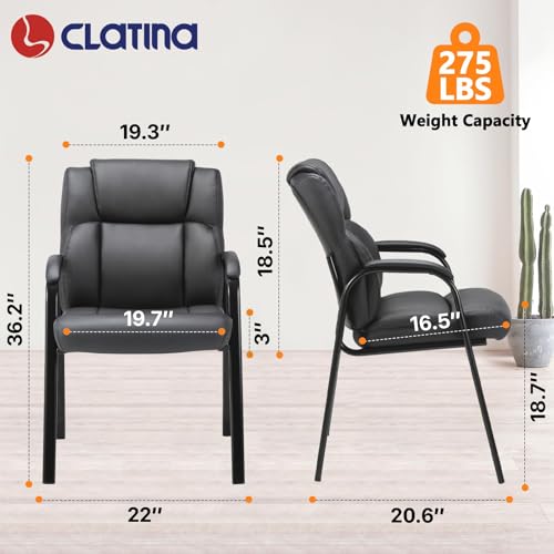 Image of CLATINA Classic Leather Soft Reception Chair with Padded Armrests and Metal Frame, Executive Guest Chair for Office Computer Desk Conference Waiting Meeting Room, Black (2 Pack)