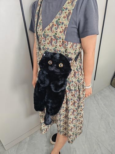 HUIJUFU Realistische geschwollene Plüsch-Umhängetasche in Katzenform, für Damen, Schwarz