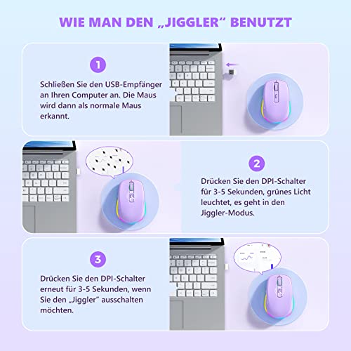 seenda Kabellose LED-Maus, Wiederaufladbar Mit Maus Jiggler, Leise 2.4G USB Funkmaus für Laptop, Computer - Beleuchtet, DPI 2000, für PC, Windows (Lila)