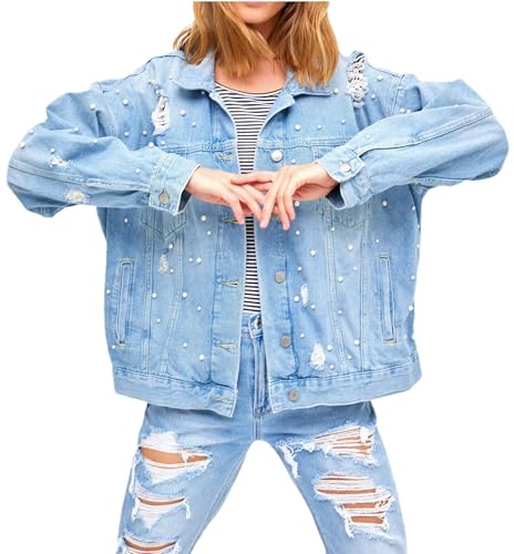 LifeShe Women's Pearl Denim Jacket Long Sleeve Ripped Distressed Jean Jackets Coat3