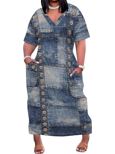 Image of SUZONANA Plus Size Denim Print Maxi Dresses for Women Casual V Neck Short Sleeve with Pockets Soft Jean Look Dress XL-6XL
