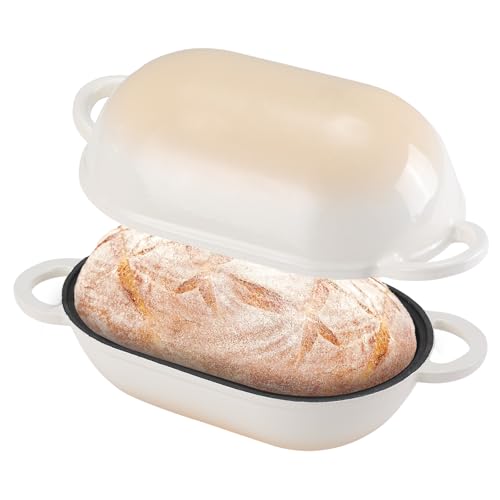NSIRONS Moule à pain en fonte avec couvercle, 23 cm, en fonte émaillée, cocotte avec couvercle, 2,75 l, idéale pour le pain, le pain, le four, dégradé de couleur blanche