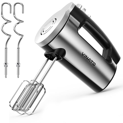 VINATO Batteur Électrique, 300W Mixeur Main avec 6 Vitesses, 2 Fouets et 2 Crochets Pétrin en Inox pour Pâte, Oeufs, Gâteaux, Crème