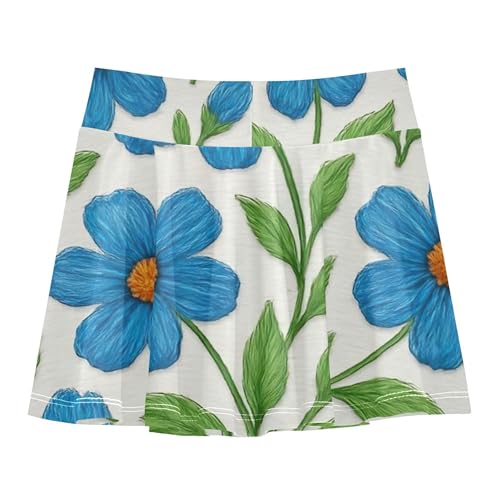 Blue Flowers Green Leaves Skirts with Shorts Floral Athletic Shorts for Girls Skorts Flowy Skirt 4t2