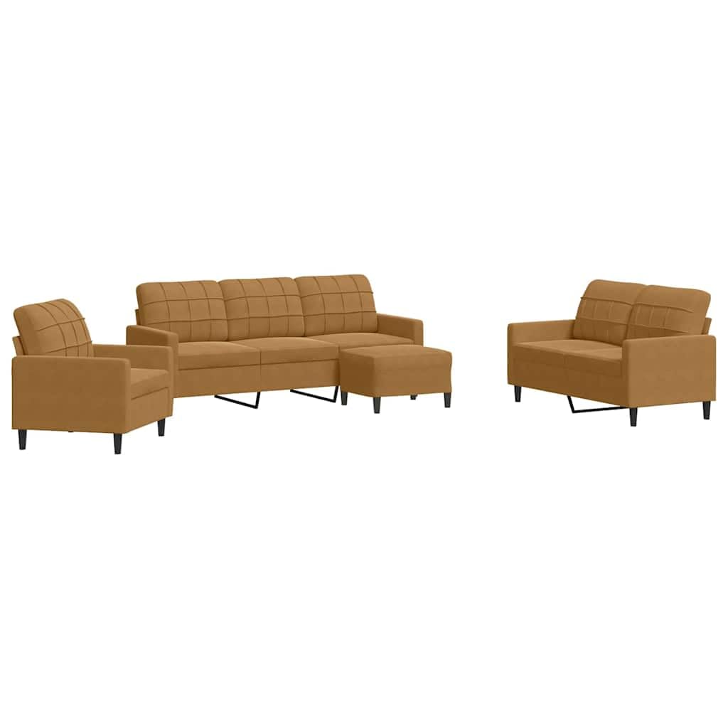 Juego de 4 sofás de terciopelo marrón, acolchado suave, con sillón, sofá de 2 plazas, sofá de 3 plazas y reposapiés, estructura de metal resistente, para salón, oficina, recepción, etc
