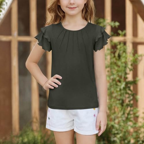 Girls Ruffle Pleated Short Sleeve Shirts Kids Solid Color Casual Crewneck Loose T-Shirts Fashion Trendy Tops Tees3