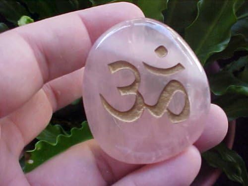 B9911 Gemqz Golden Thai Om Engraved in Rosequartz Flat