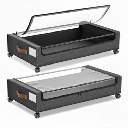 STOROX Under Bed Storage Box with Wheels 2 Pack Grey Fabric Rolling Storage with Clear Window Zippered Underbed Storage for Clothes Shoes and Bedding