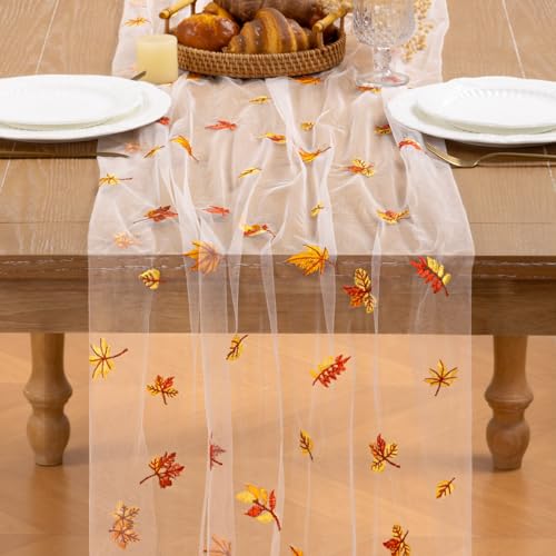 Image of Maple Leaf Embroidery Fall Table Runner White Sheer Tulle Table Runner, 3PC