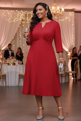 Image of Nmoder Women's Plus Size Stretchy Flared Wrap Dress Casual Wedding Guest Midi Dresses V Neck 3 /4 Sleeve A-Line Swing Dress