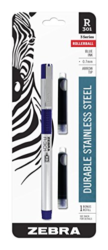 Zebra Pen R-301 Rollerball Pen, Stainless Steel Barrel, Fine Point, 0.7mm, Blue Ink, 1-Pack with Refill