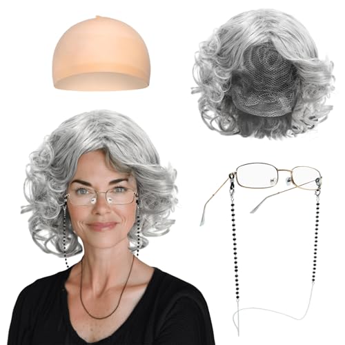 FUIPVGI Déguisement de vieille femme avec perruque granny granny et kit d'accessoires de chaîne pour Halloween, fête mondiale du livre, bal masqué, carnaval (gris)