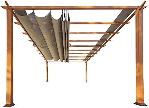 Paragon Outdoor 11’ x 16’ Florence Alumnum Pergola, Powder-Coated Aluminum Frame in Canadian Cedar Wood Grain Finish with Soft Top Retractable Canopy in Cocoa for Backyard, Patio, Porch, Garden
