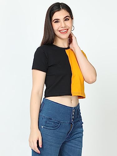 Image of FLEXIMAA Women's Cotton Plain Round Neck Half Sleeve Crop Top