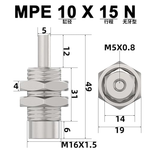 Cilindro con pasador de resorte MPE10X15-N de acción simple y microaguja 3