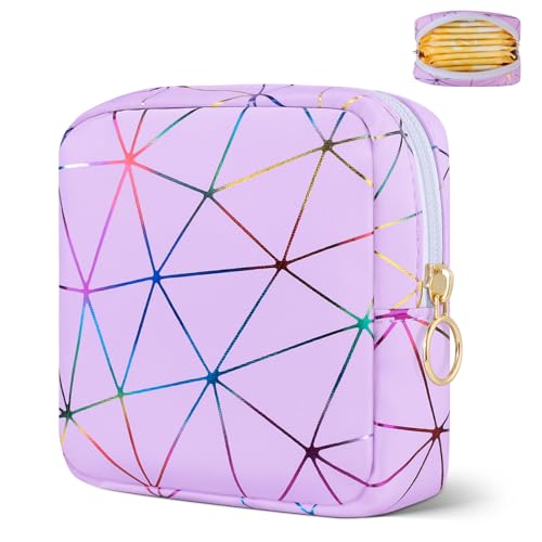 Likesing Period Bag for Tampon, Leather Sanitary Napkin Storage Bag for Girls Womens, Portable Sanitary Napkin Period Pad Pouch for Purse, Small Make Up Bags(Colorful Purple)