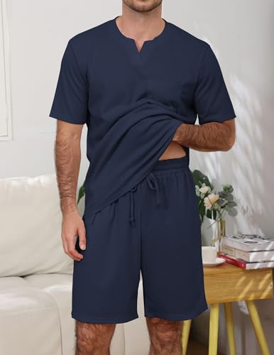 Image of JiniGolla Mens Pajamas Set Soft Short Sleeve Top and Pant Loungewear Sets 2 Piece Pjs with Pockets
