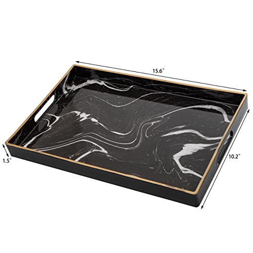 Sabreon Marbling Plastic Tray With Handles - Sturdy Decorative Tray Multifunction Rectangular Tray Easy To Clean Suitable For Coffee,Breakfast,Dessert, 15.6” X 10.2” (Black) #TOP4