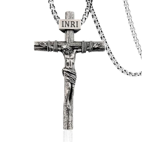 ZENLUNANO Crucifix Cross Necklace for Men with Exquisite Jesus Pendant - Antique White Gold Plated, Medium, 20 Inch Stainless Steel Necklace Chain by ZENLUNANO - Used condition - US$11.95