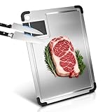 LZRBUBO Schneidebrett Edelstahl 39x28cm - Stainless Steel Cutting Board mit integriertem Messerschärfer, Knoblauchpresse, Saftrille & rutschfesten Silikonecken - Antibakterielle Metall-Schneidebrett