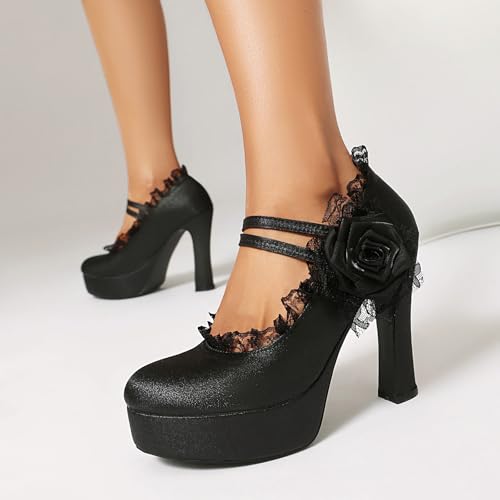 Women's Mary Jane Gothic Platform Pump High Heels Lace Flower Anckle Straps Close Round Toe Shoes3