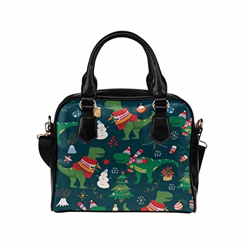 InterestPrint Dinosaur T- Rex Сhristmas Happy New Year PU Leather Purse Handbags Shoulder Crossbody Bag for Women Girls