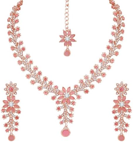 Atasi International Rose Gold Plated Mint Pink Diamond Jewelry Set Necklace for Women with Earrings and Maang Tikka (RGP1965), Free, Metal, Crystal