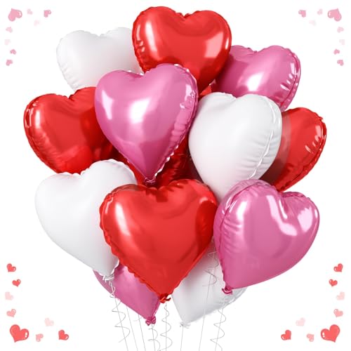 18 Inch Red Pink White Heart Balloons, 12PCS Heart Shaped Foil Balloons Set