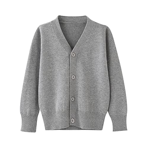 BUNIDUCKLING Mädchen Langarm Strickjacke mit Knöpfen - V-Ausschnitt Kinder Cardigan Baumwolle Schuluniform (Hell Grau, 110)