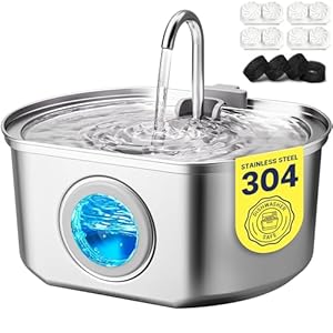 Cat Water Fountain Stainless Steel: 108oz/3.2L Cat Fountain for Drinking – Pet Water Fountain Inside – Automatic Dog Watering Dispenser Bowl – Pet Feeding & Watering Supplies – Water Level Window