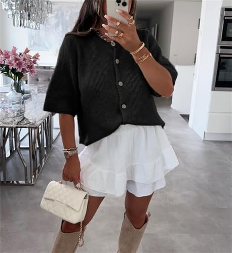 Image of Women Knitted Crop Cardigan Shirt Short Sleeve Button Down Ribbed Knit Crop Top Y2k Girls Outwear Top Tee Shirt